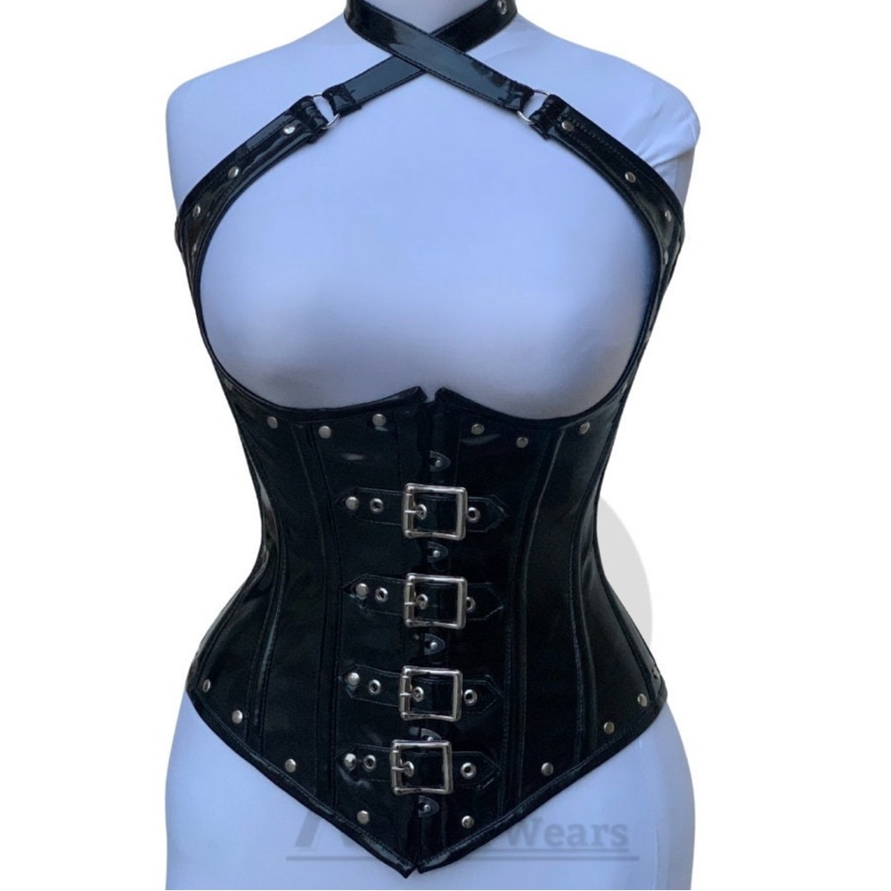 Black Buckle Corset with Halter Neck - by PVC Australia